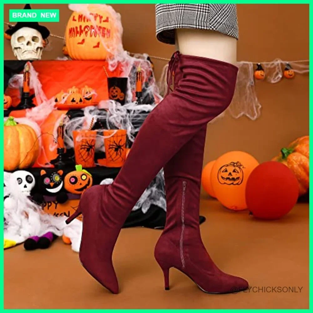 Faux Suede Over the Knee Boots with Chunky Block Heel and Side Zipper
